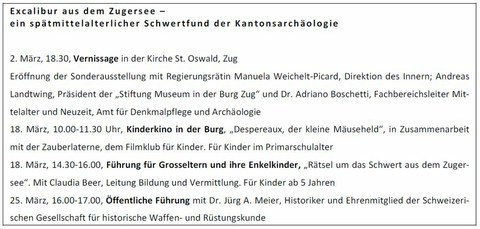 Programm Excalibur aus dem Zugersee Programm Excalibur aus dem Zugersee