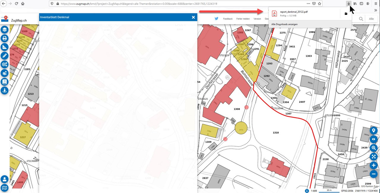 weisses Reportfenster in ZugMap.ch